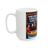 Funny Game Show Ceramic Mug — "Name Something a Drug Dealer Always Says" Retro Panel Design (11oz/15oz)