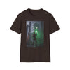 Horror Adventure T-Shirt — Explorer Confronting Glowing Ancient Spirit