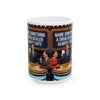 Funny Game Show Ceramic Mug — "Name Something a Drug Dealer Always Says" Retro Panel Design (11oz/15oz)